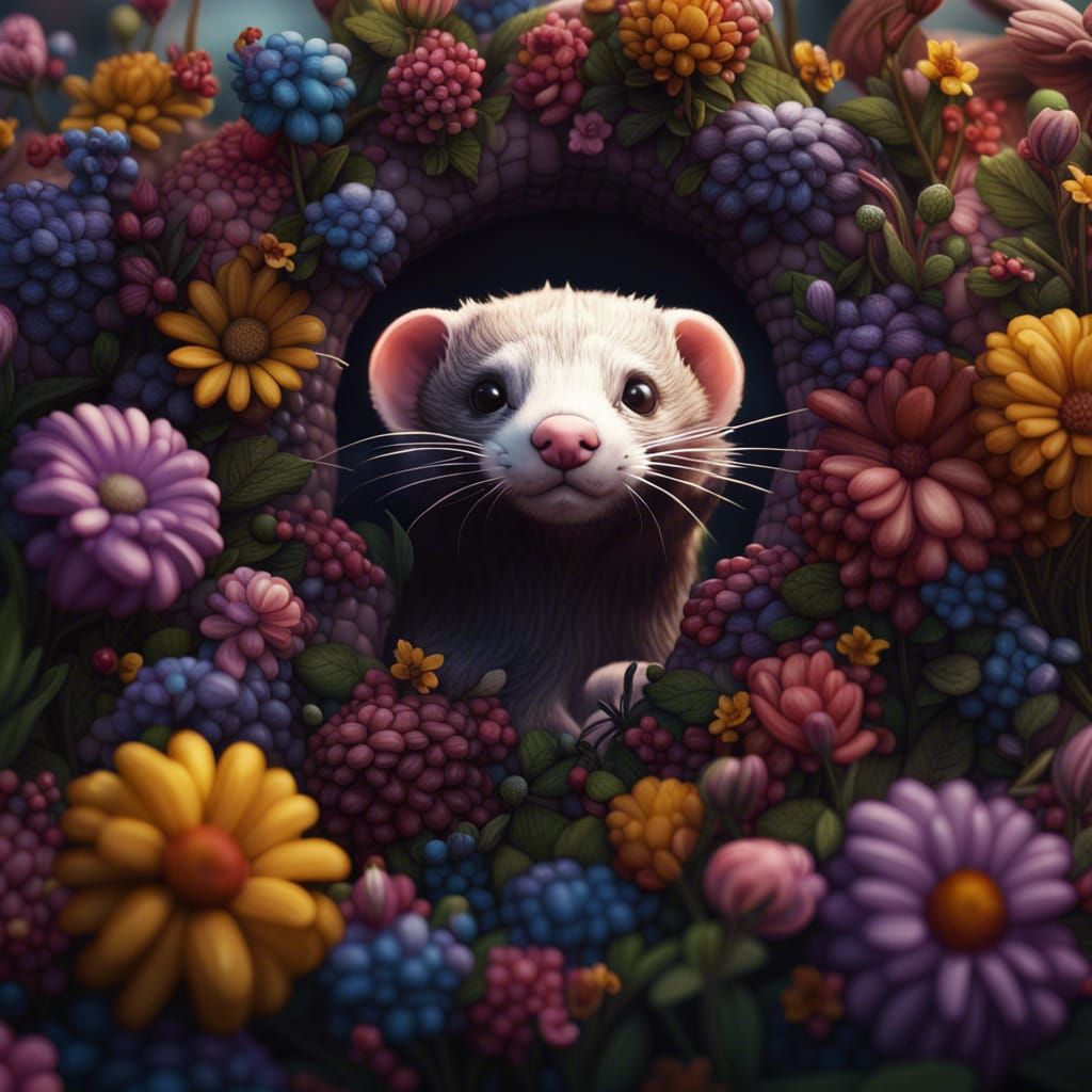 Balloon Ferret Hides Among Flowers