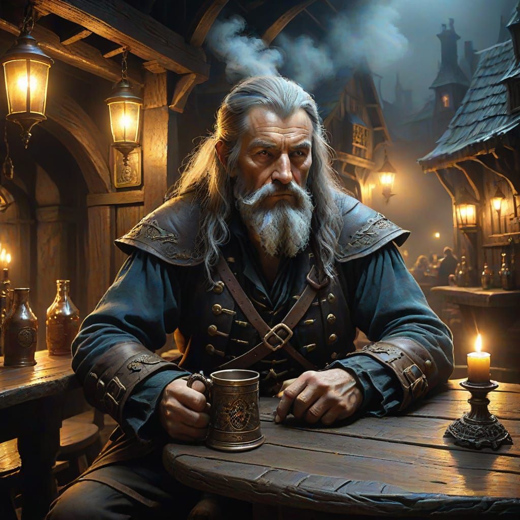 Weathered Pirate Sits Amidst Smoky Tavern Atmosphere in Dark...