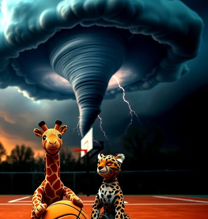 Surreal Dusk Court with Tornado and Toy Animals