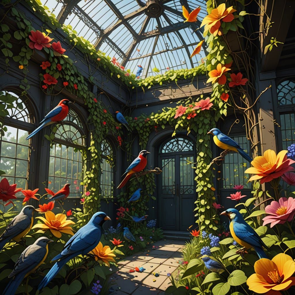 Lush Aviary Interior Concept Art in Primary Colors