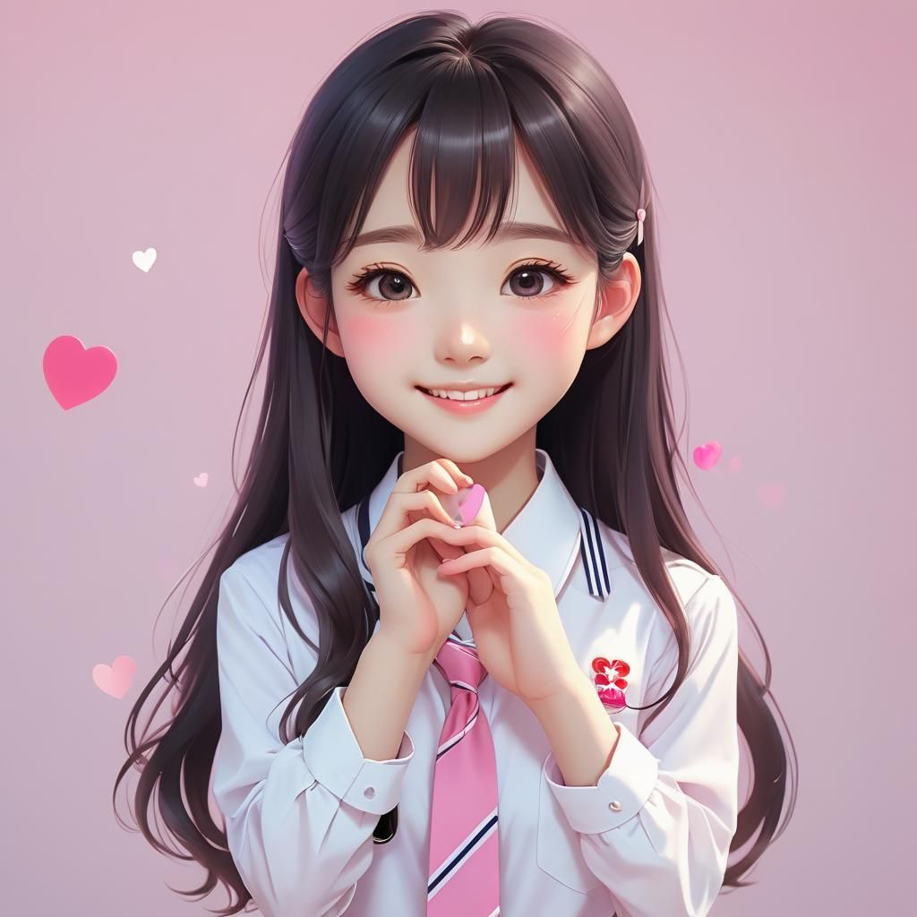 Sweet Korean Girl with Heart Hands in Anime Style