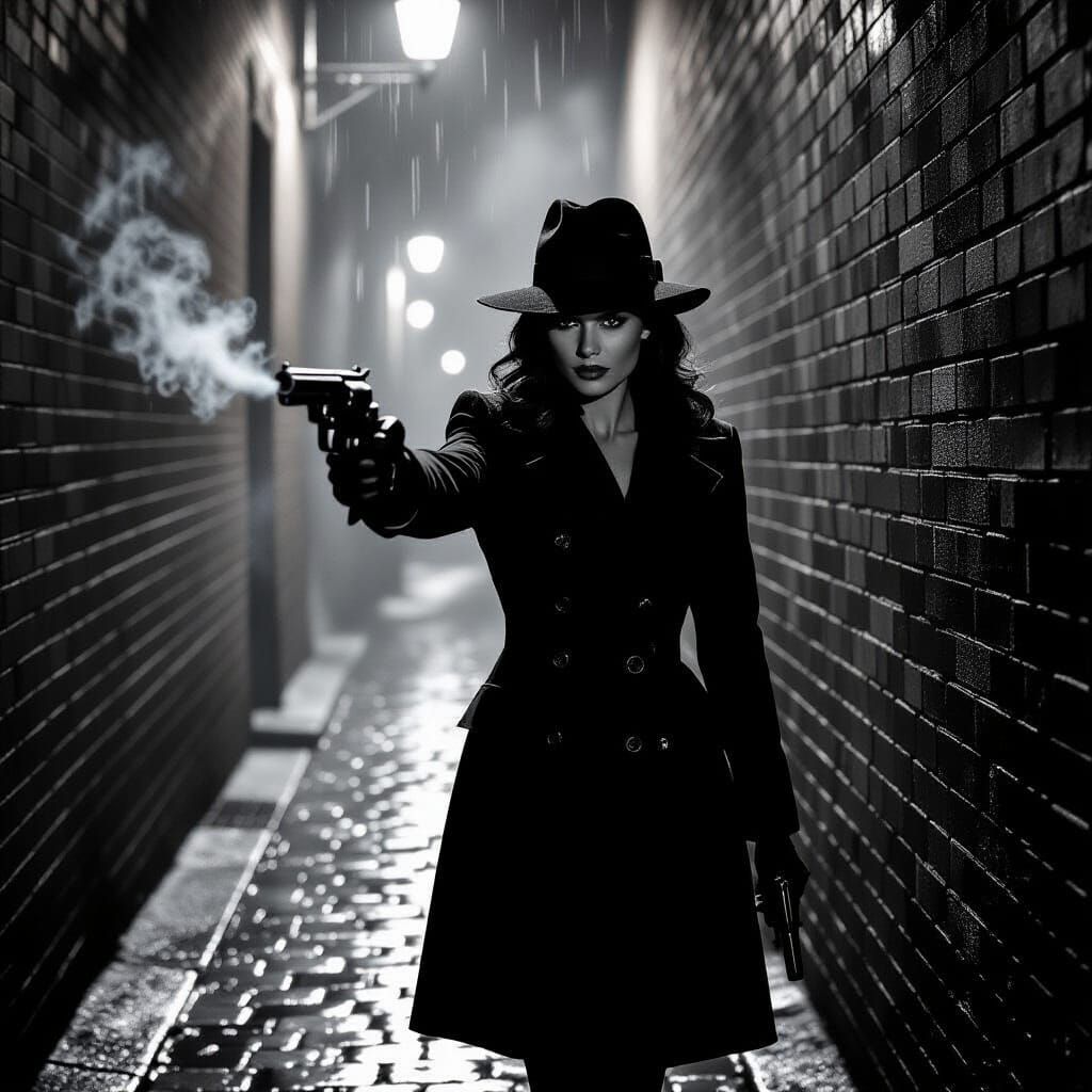 Noir Detective Woman with Smoking Revolver in Dark Alley