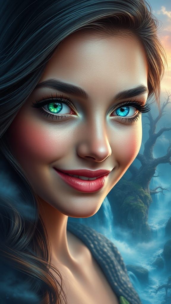 Beautiful Woman with Heterochromia in Fantasy Landscape