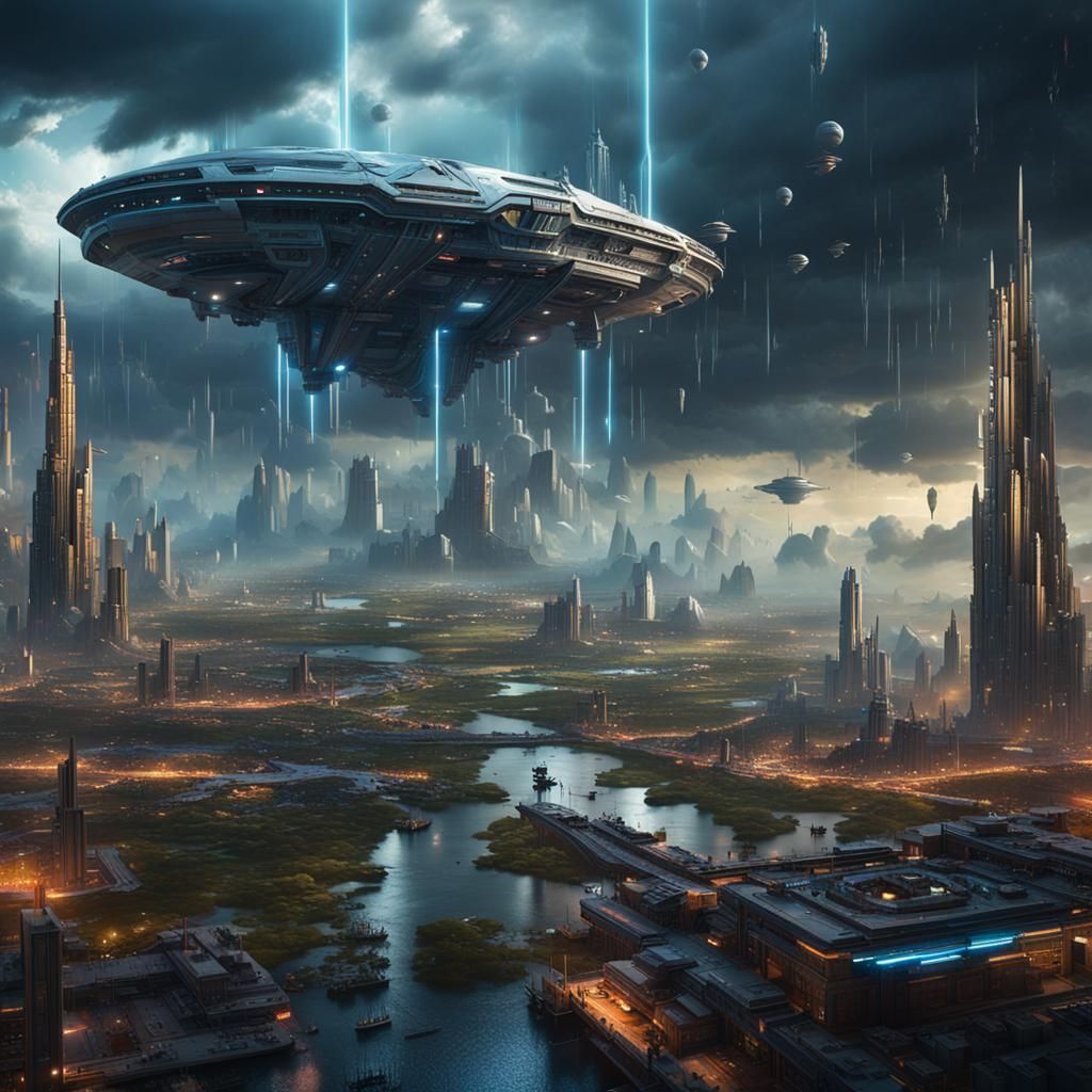 Futuristic City Landscape with Storm Clouds