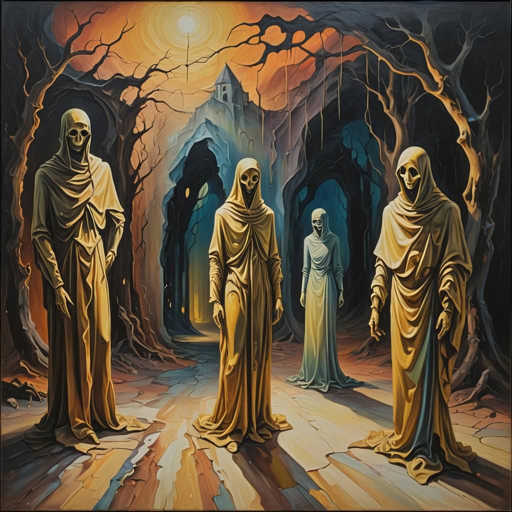 Eerie Surrealist Oil Painting with Ghostly Shadows