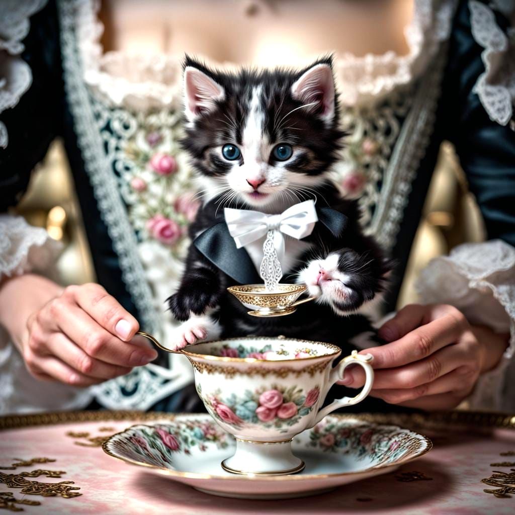 Kittens' Tea Party in a Filigree Teacup Car