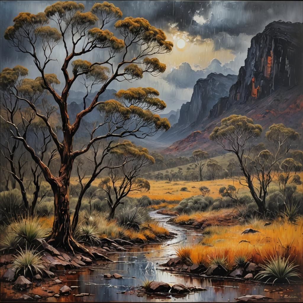 Australian Bushman in Encaustic Impasto Landscape