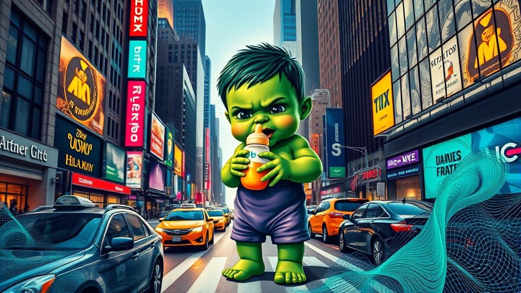 Impasto Cyberpunk Artwork of Baby Hulk in New York City