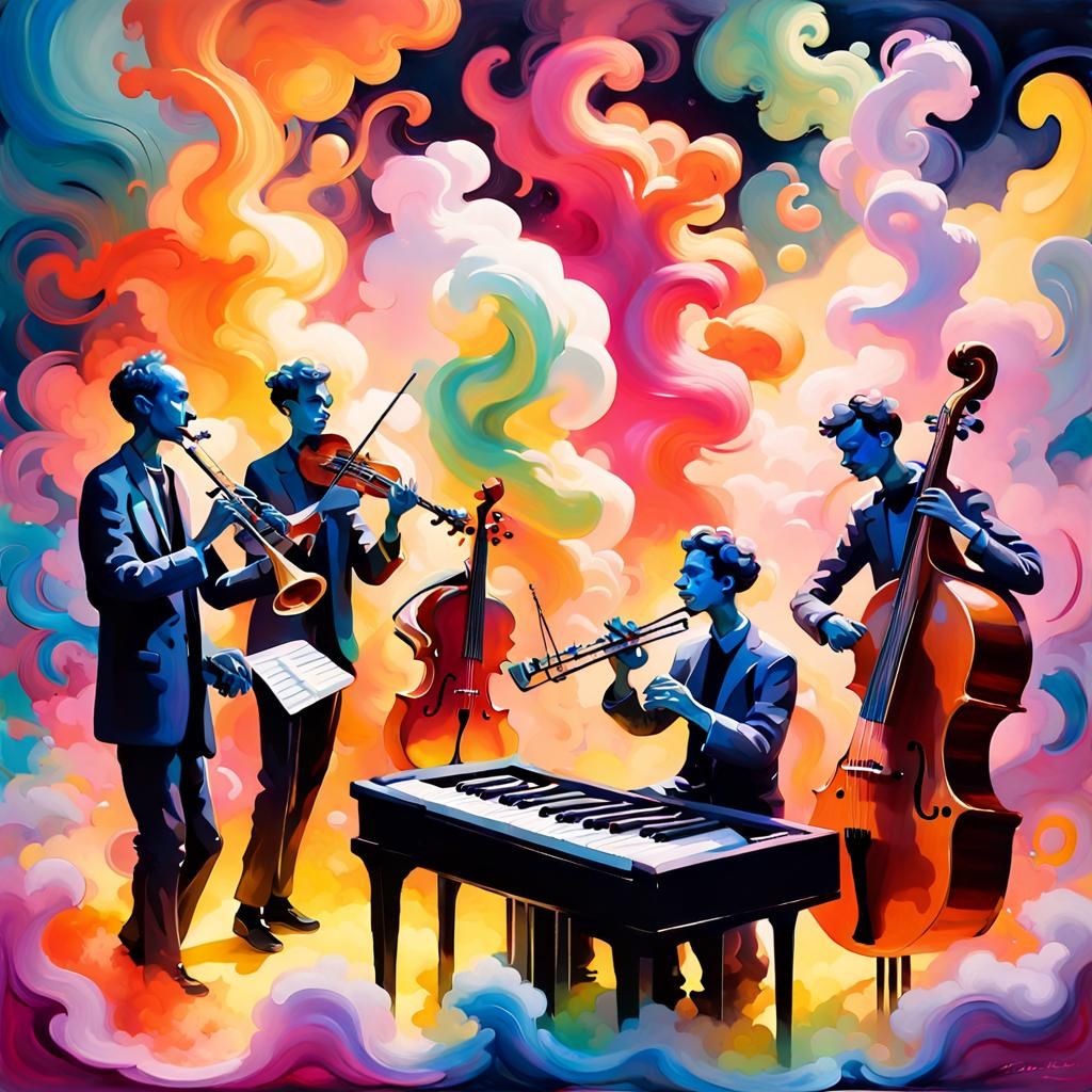Musicians in Gouache Dreamscape with Kinetic Sculptures