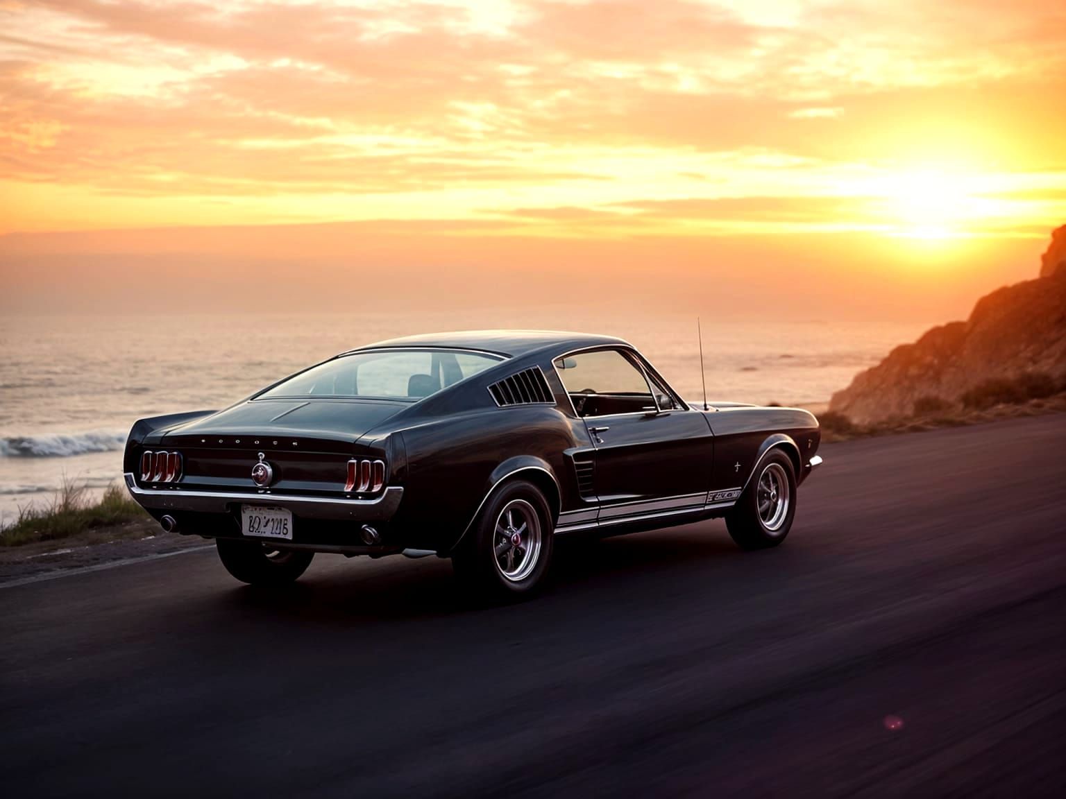 Vintage 1967 Ford Mustang Fastback Cruises Coastal Road at S...
