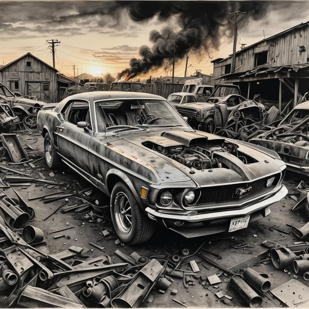 1970 Ford Mustang Junkyard Sunrise Charcoal Drawing