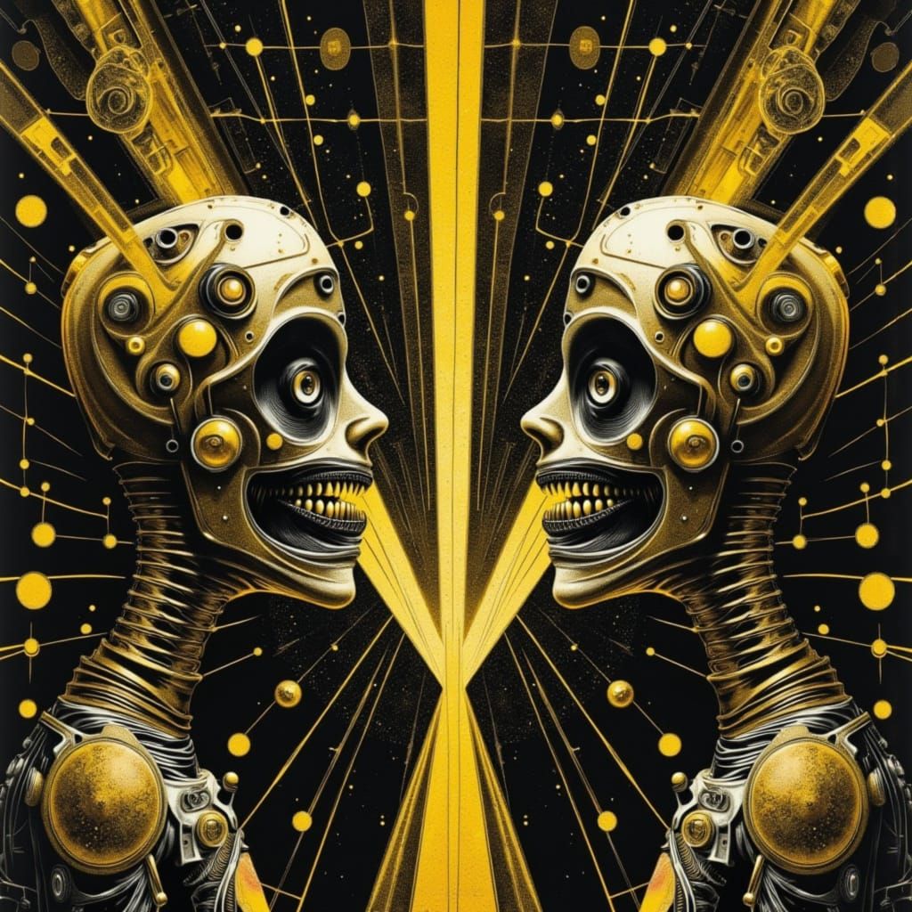 Two Robots Scream in Surreal Art Deco Landscape