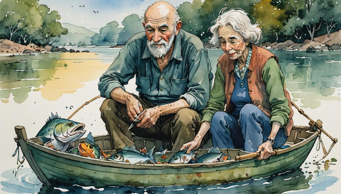 Elderly Couple Fishing, Watercolor Illustration
