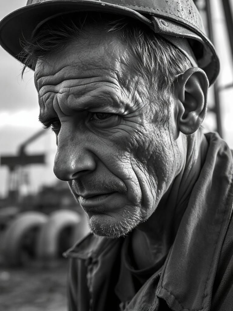 Fatigued Oil Driller in High Contrast Black and White