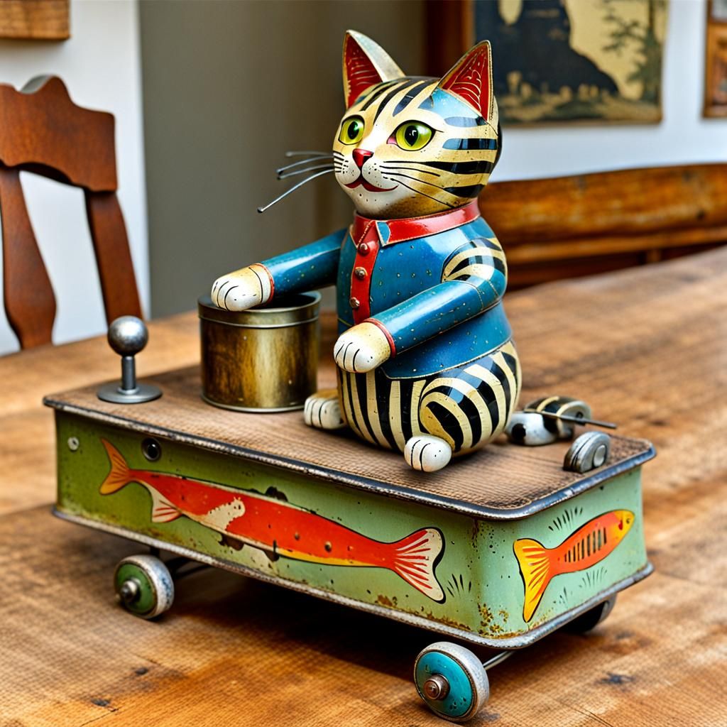 Antique Tin Wind-Up Cat Toy Swings at Fish