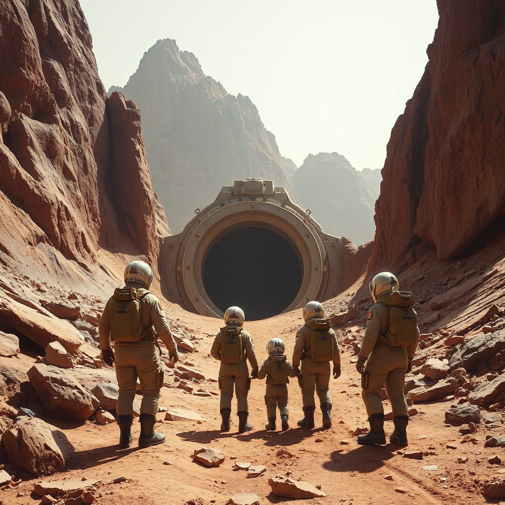Family in Spacesuits on Mars Approaching Airlock Door