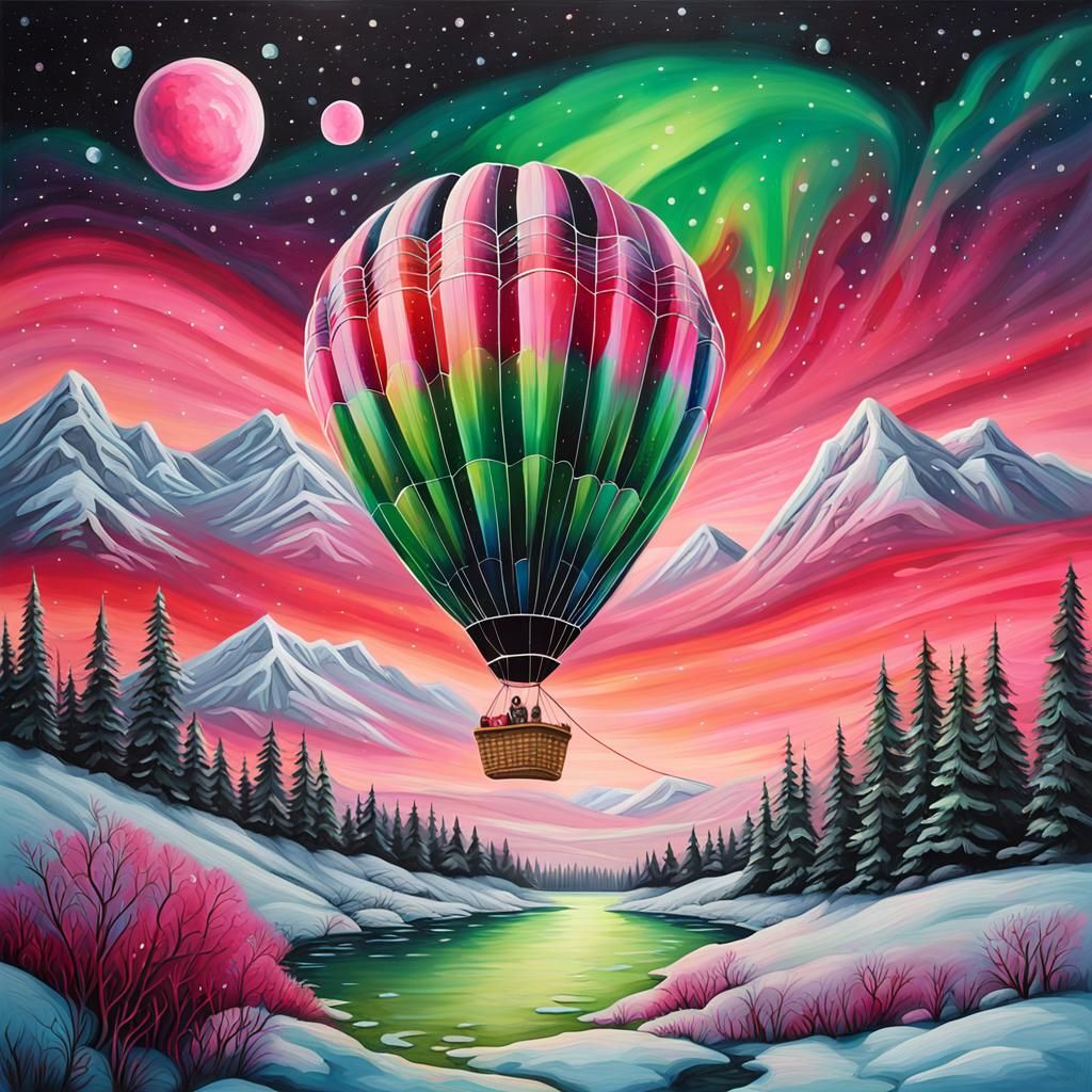 Hot Air Balloon Over Winter Aurora, Graffiti Art
