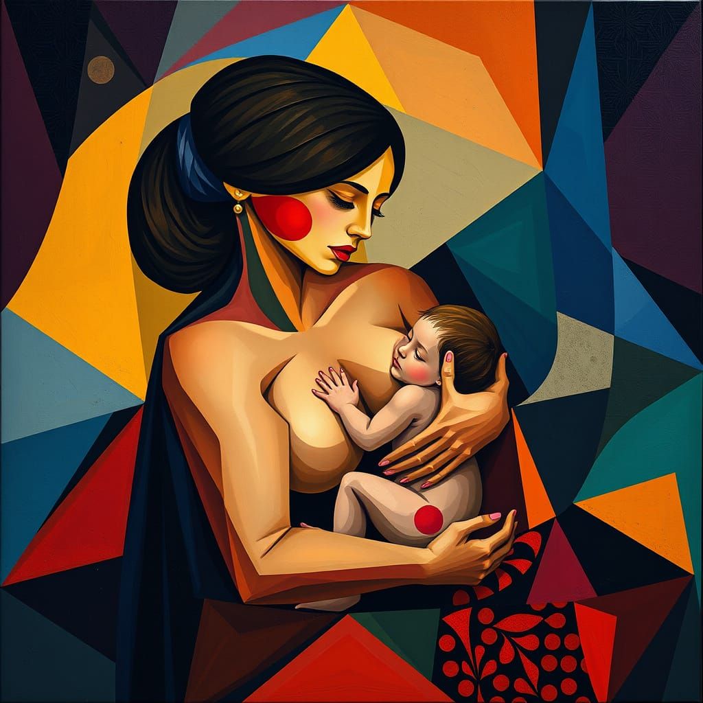 Mother and Child Embrace in Cubist Art Deco Style