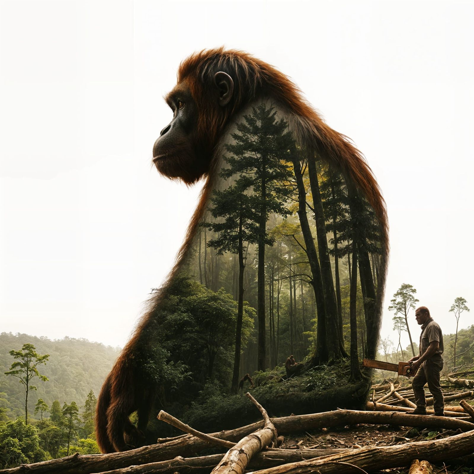 Orangutan Confronts Deforestation in Earthy Tones