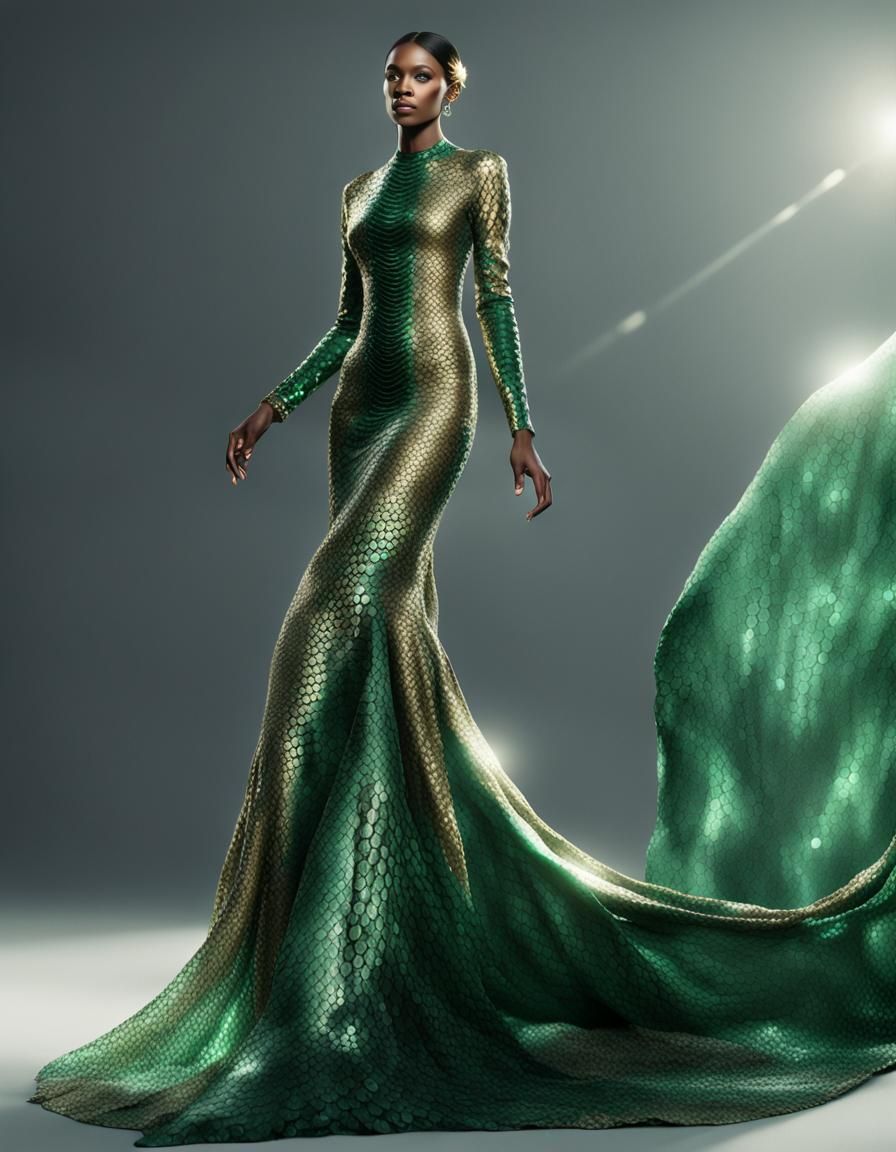 Woman in Opulent Snake-Scale Dress, Fantasy Illustration
