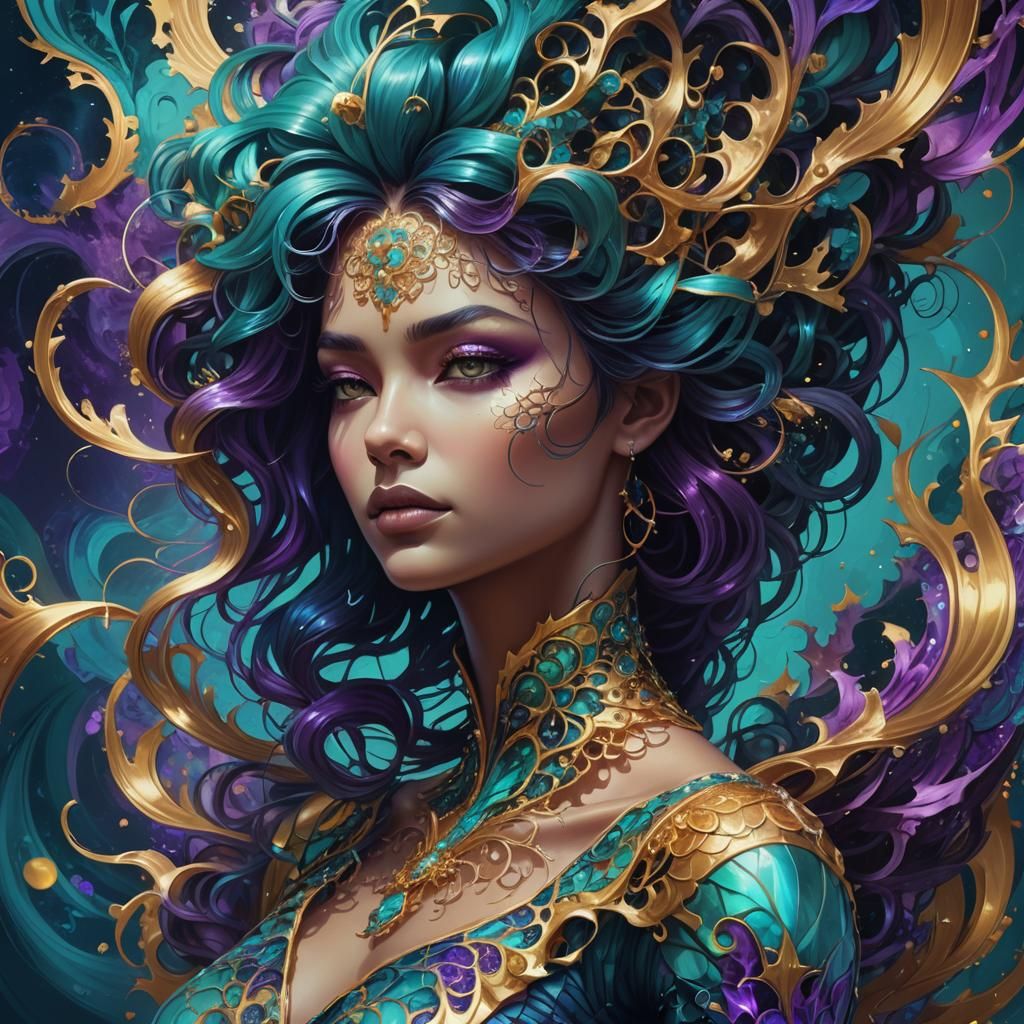 Stylized Female Bust with Fractal Hair in Digital Art