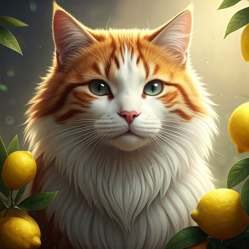 Hyper-Realistic Anime Cat with Lemons in 3D