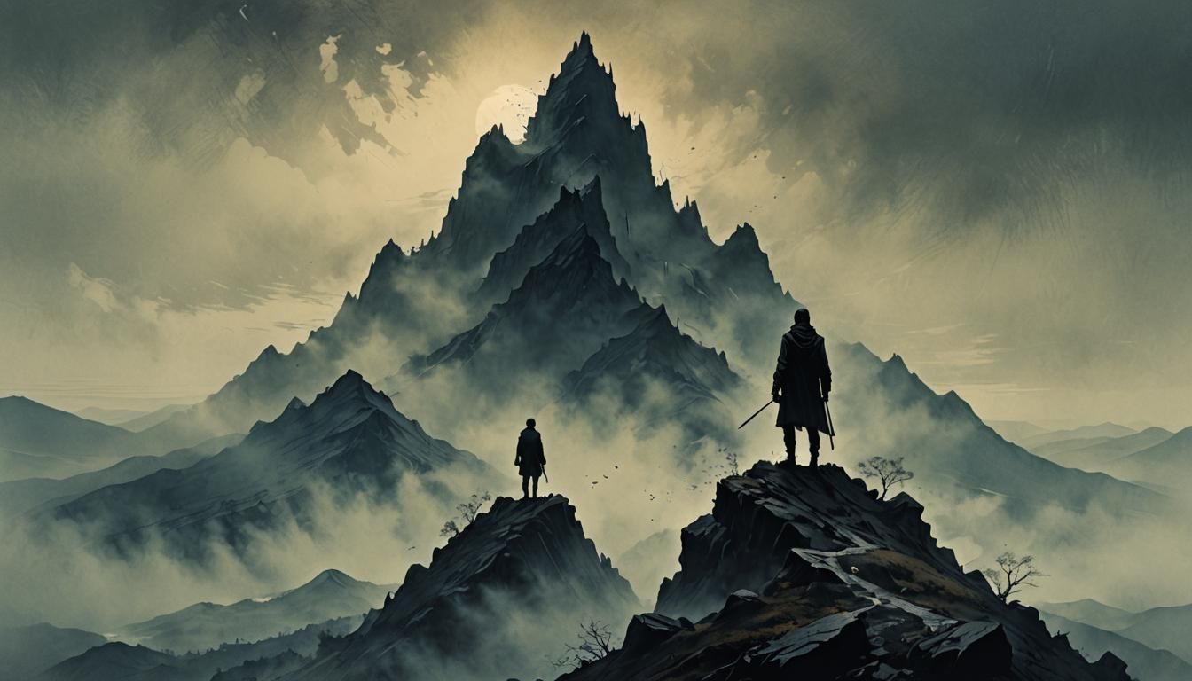 Misty Mountain Silhouette in Ink Splatter Art