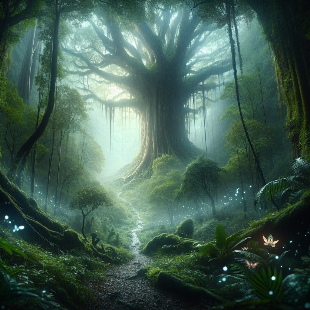 Mystical Forest Scene with Giant Tree and Fairies