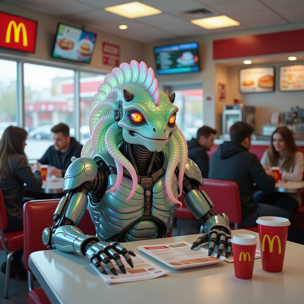 Bizarre Creature in McDonald's: Surreal Sci-Fi Scene