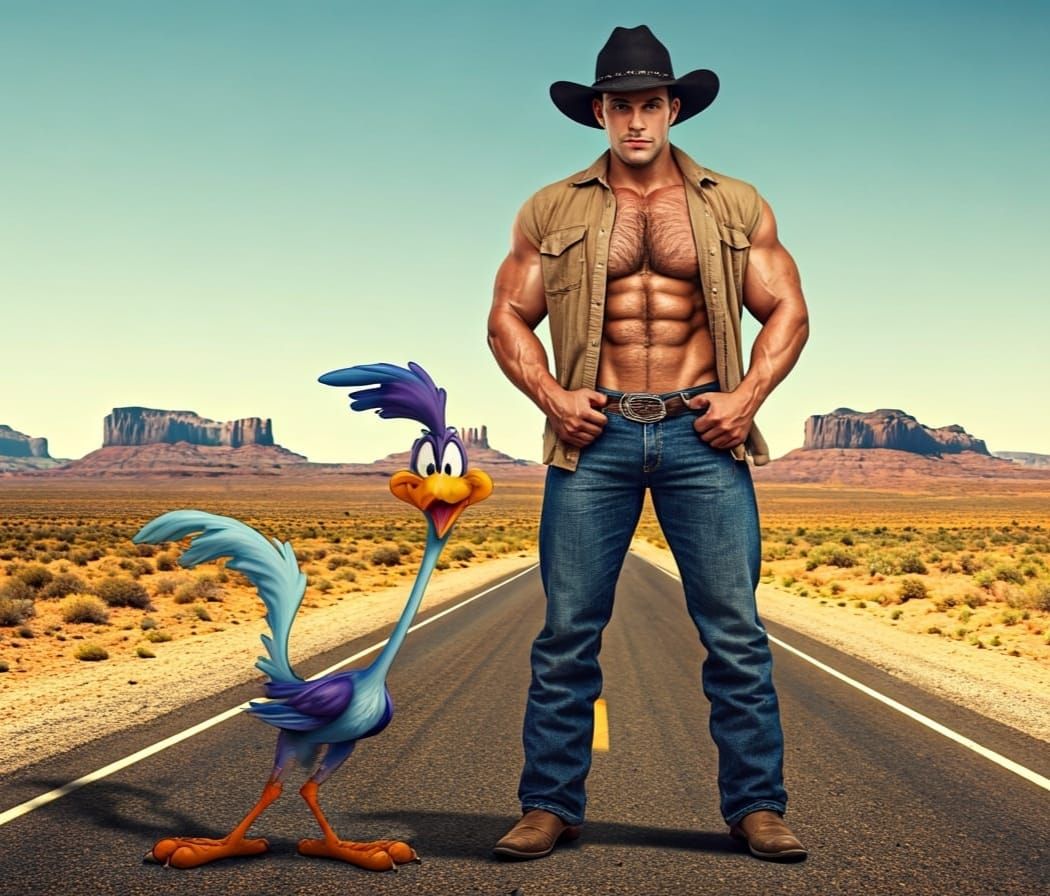 Cowboy and Road Runner Encounter in Desert Landscape