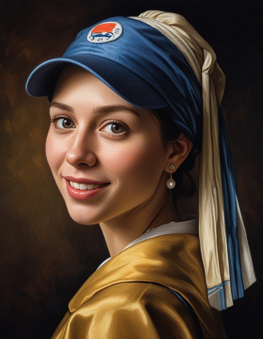 Girl with Pearl Earring in Baseball Cap, Oil Painting