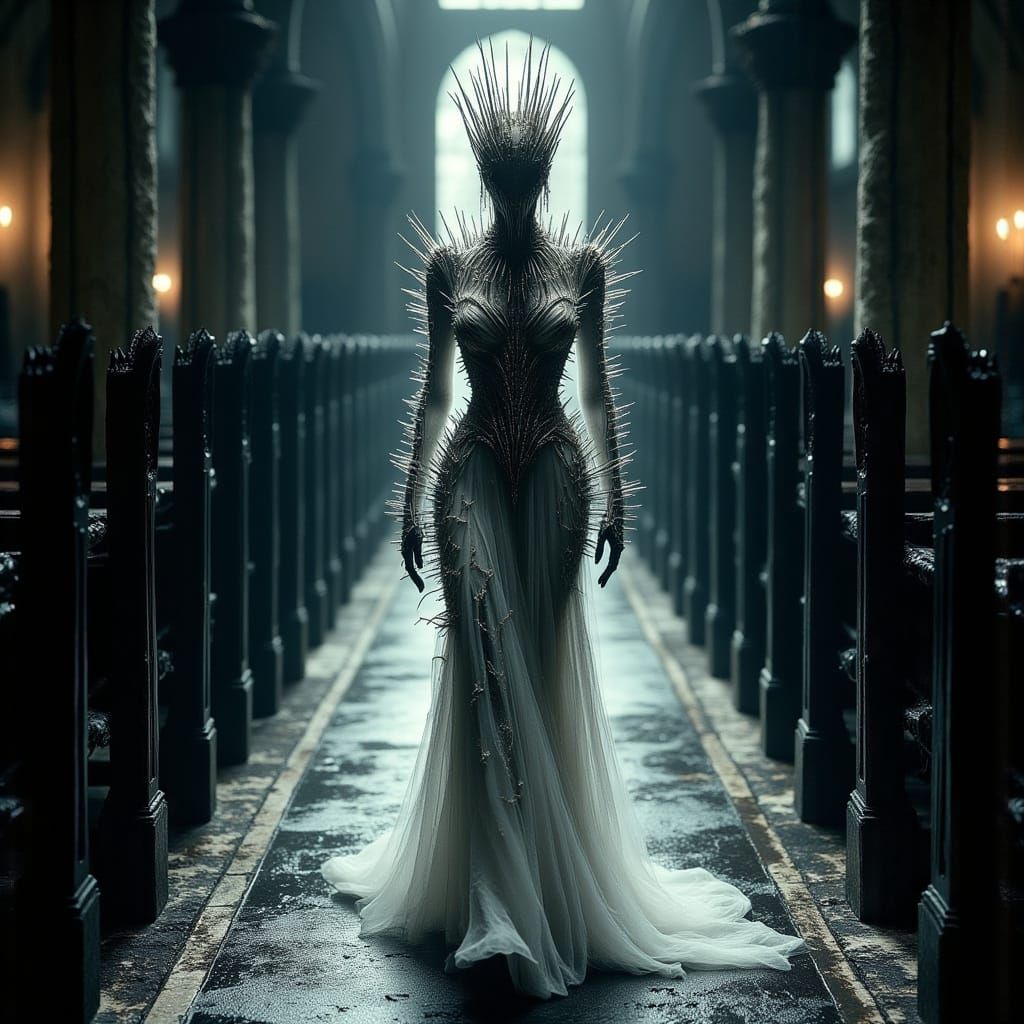 Spiky Gothic Bride Walking Church Aisle