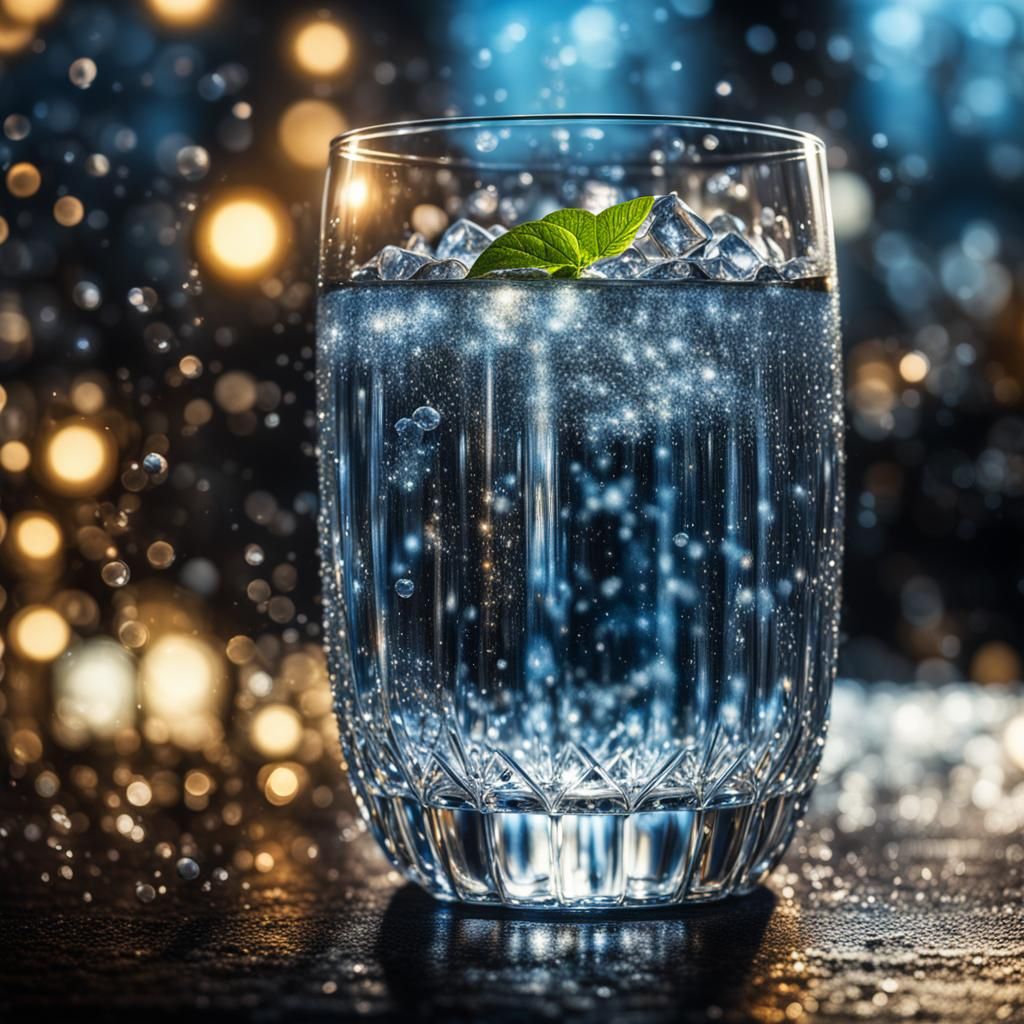a glass of sparling water, glittering, shimmering