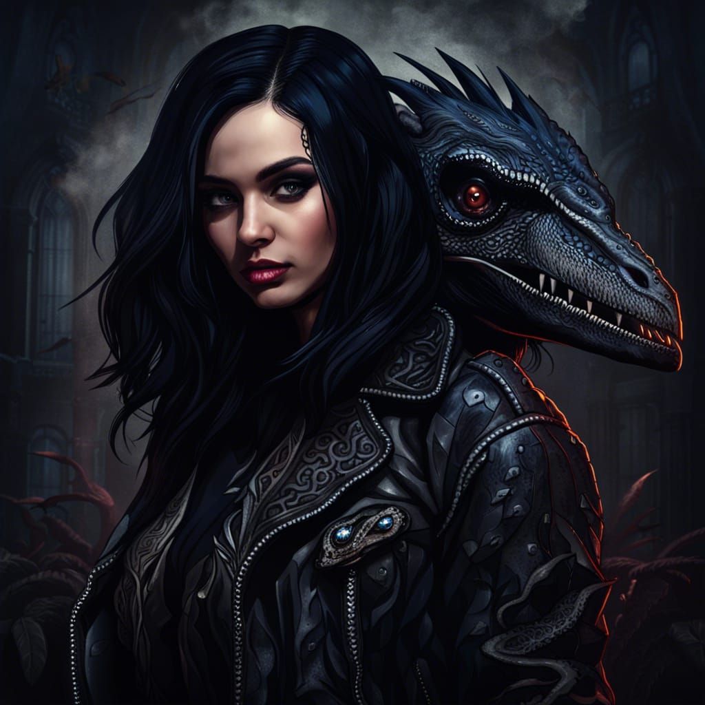 Gothic Girl's Noir Romance with Velociraptor