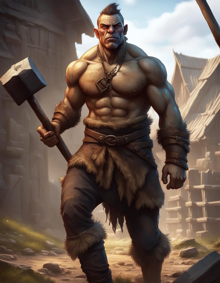 Half-Orc Barbarian in Medieval Fantasy Style