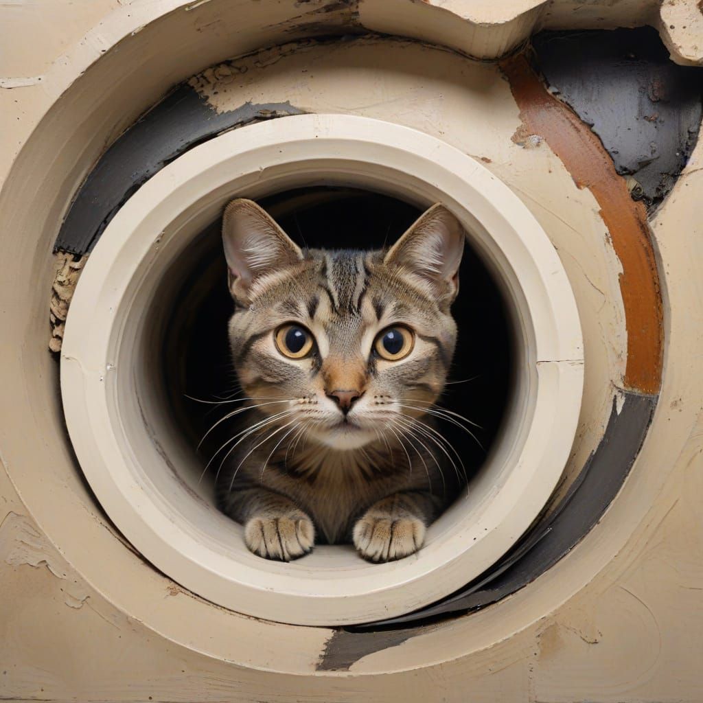 Curious Cat Peeking Into Tube - Mixed Media Art