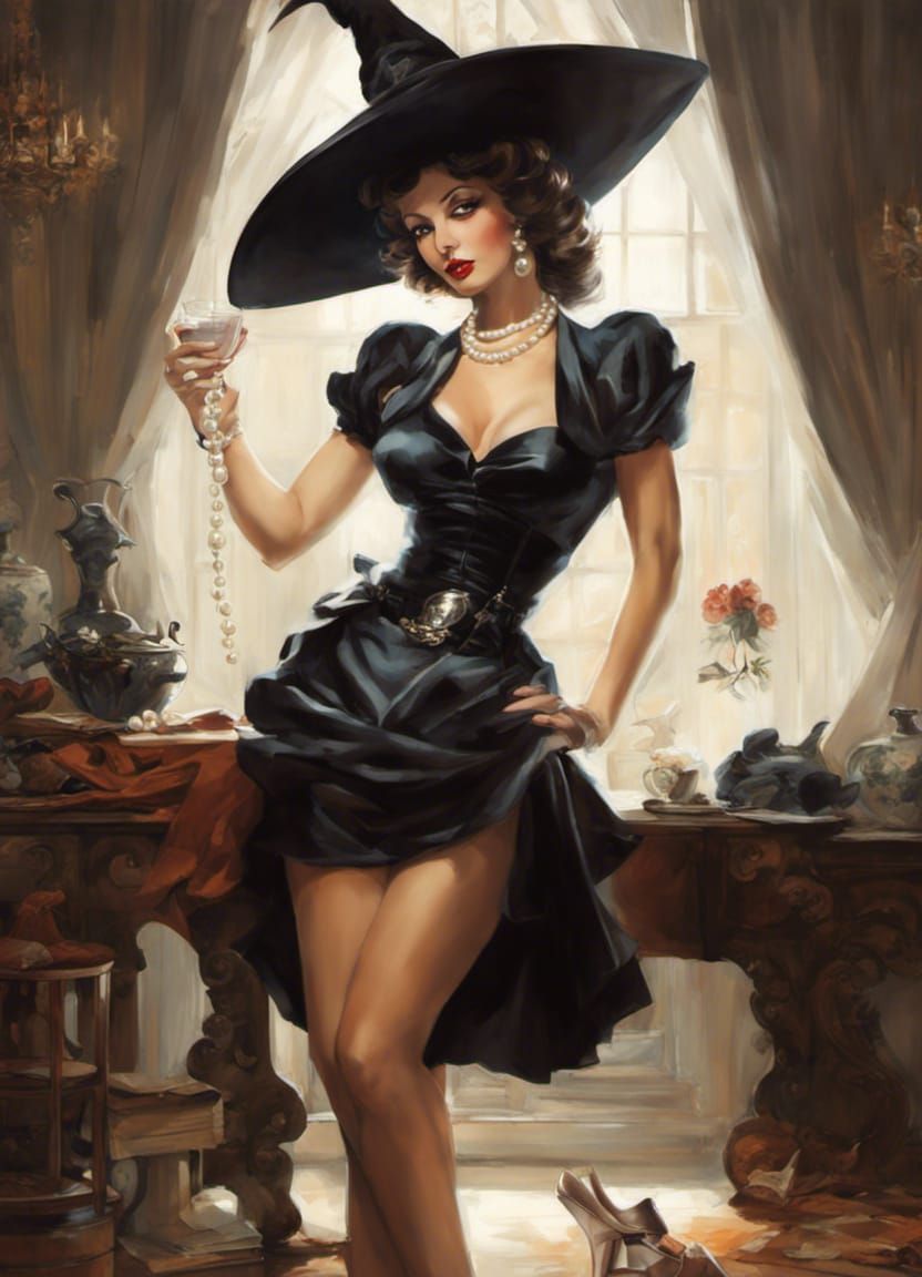 Pin-Up Housewife Witch in Living Room