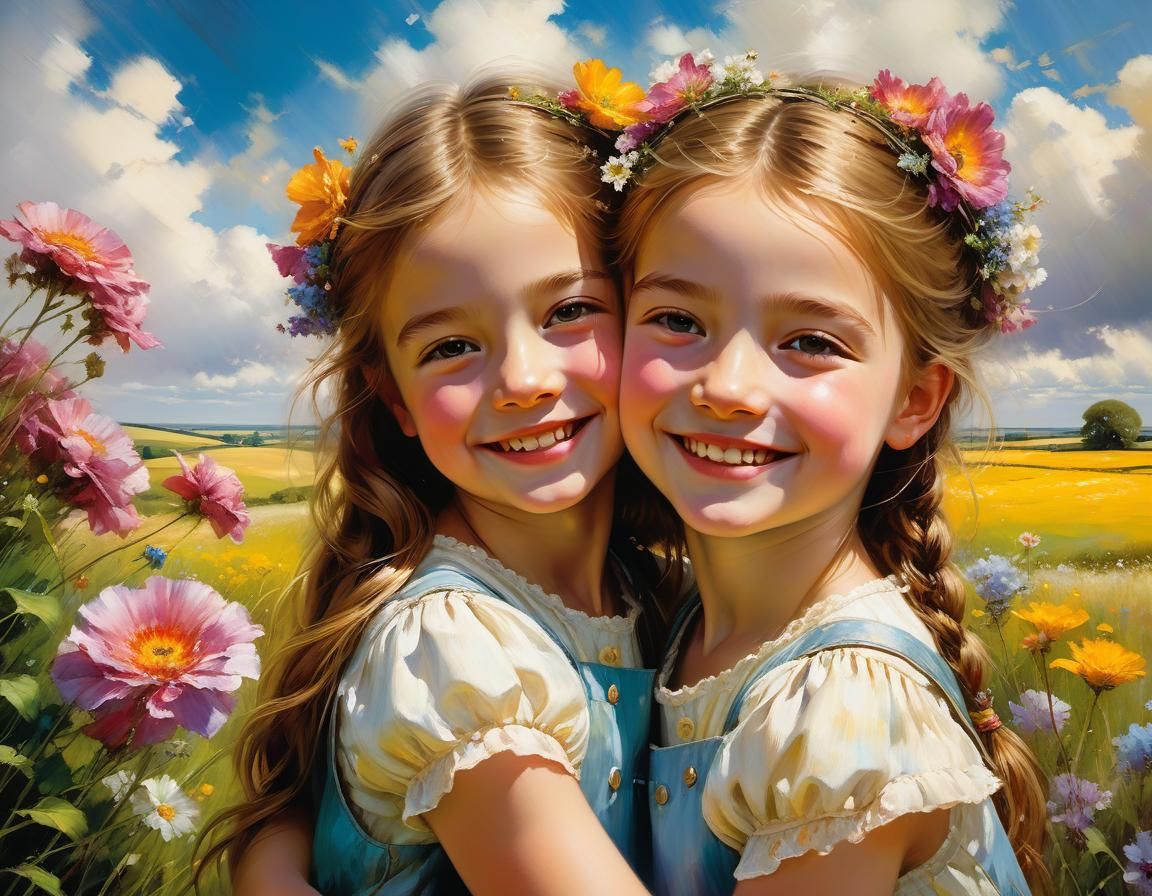 Twin Sisters' Joyful Embrace in a Flower Garden