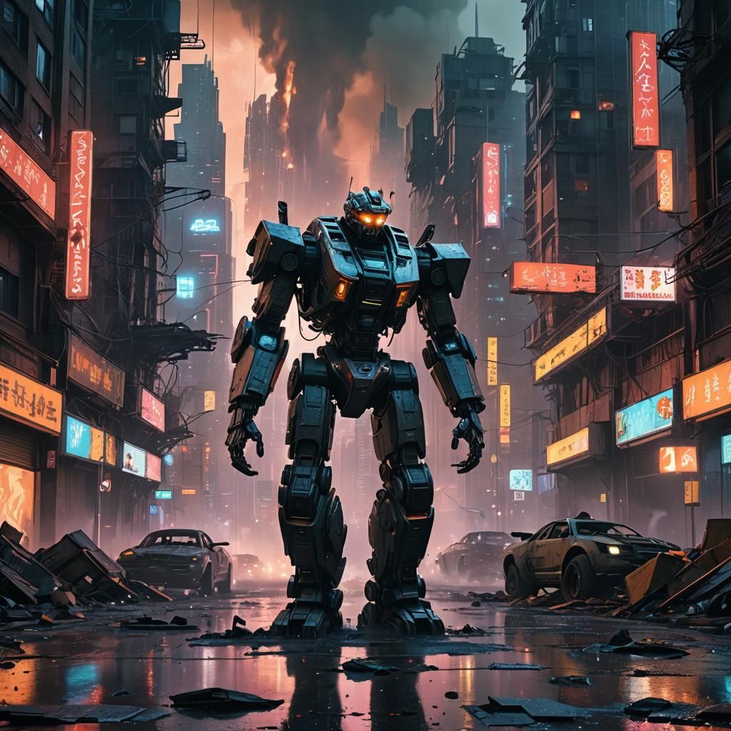 Dystopian Sci-Fi Apocalypse: Ruined Cityscape with Robot