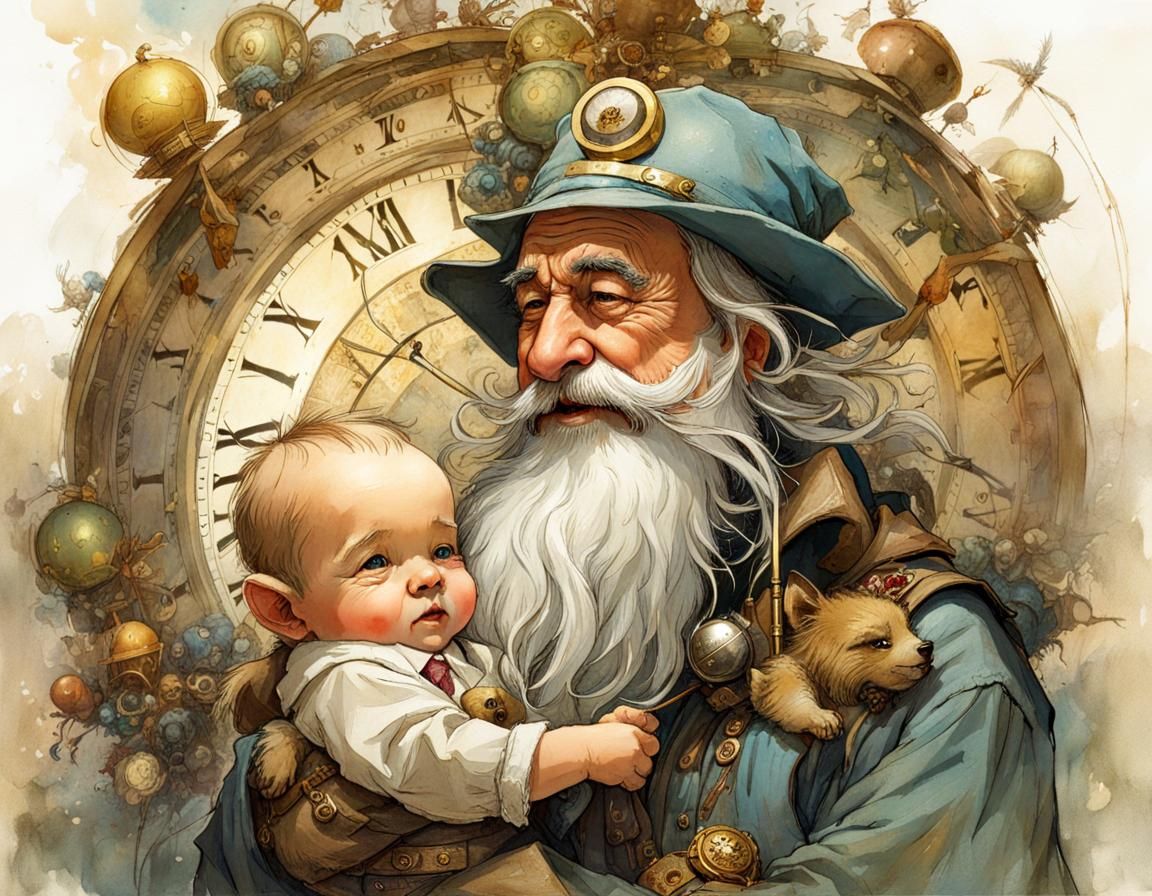 Father Time Presents New Year Baby in Storybook Style