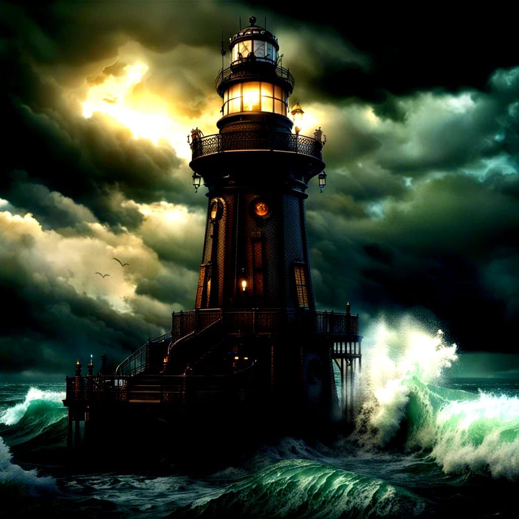 Steampunk Lighthouse in Stormy Seas