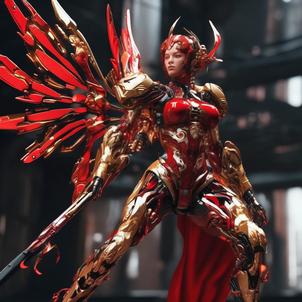 Red and gold Cyborg Battle Fairy 8n action. 8K resolution Un...