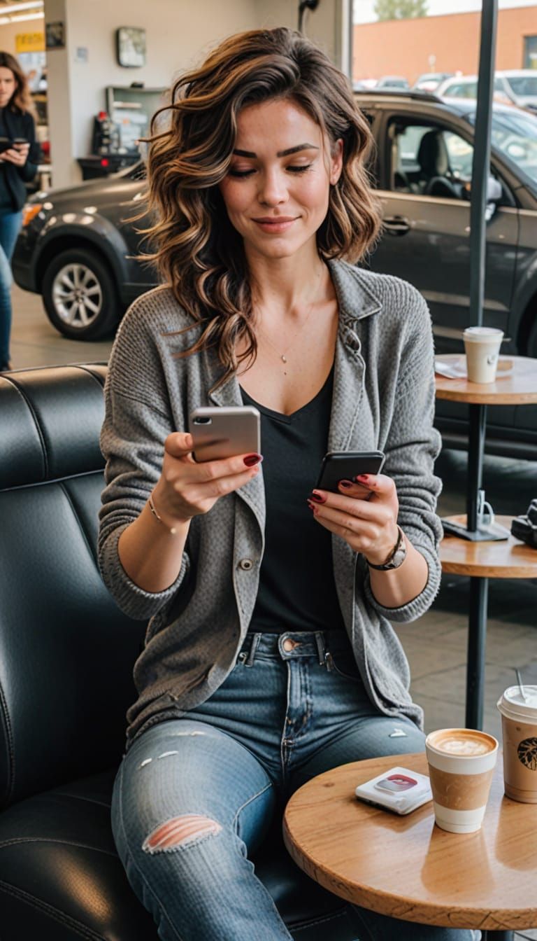 Woman with Coffee in Car Repair Waiting Area