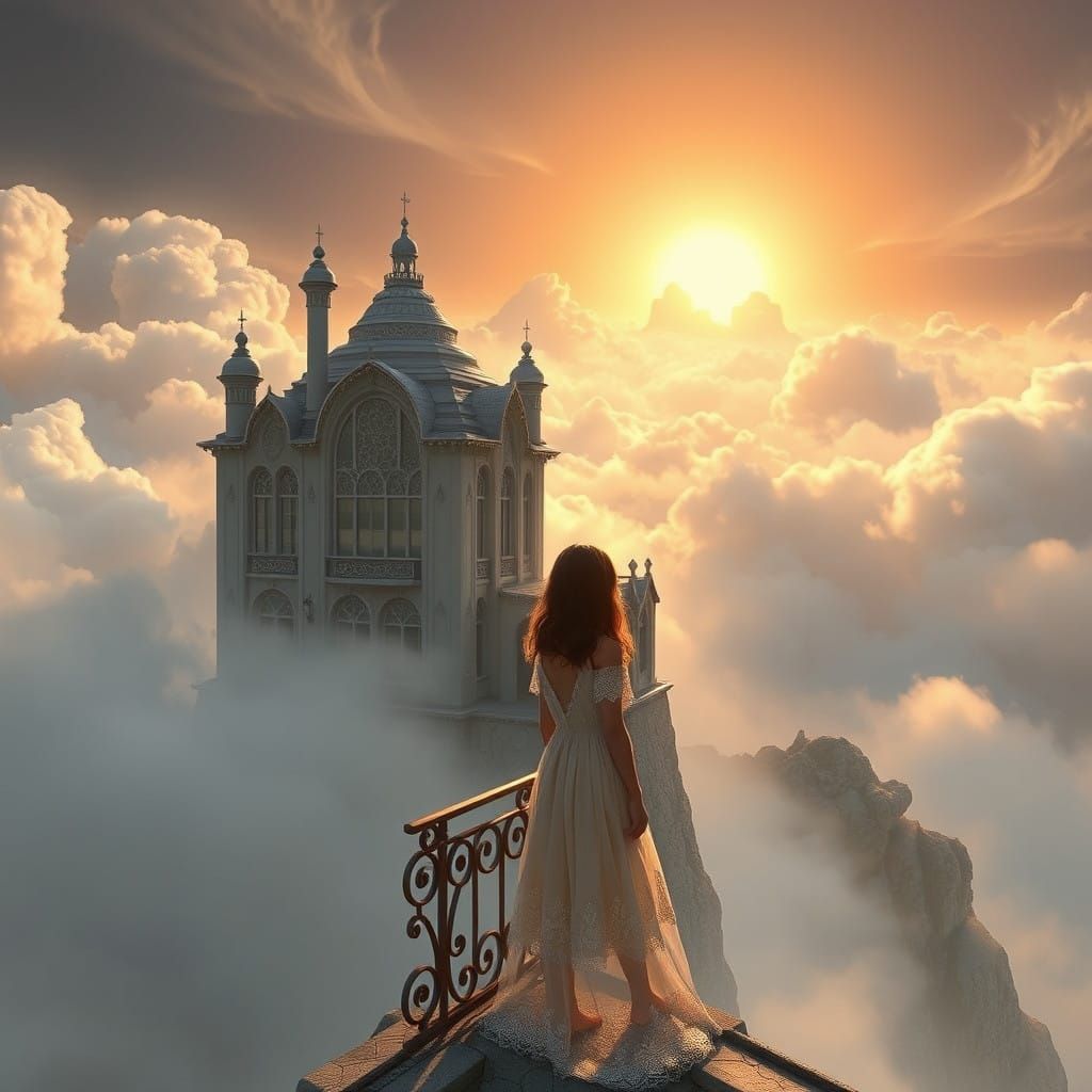 Majestic Gray Pink Mansion in Surreal Landscape