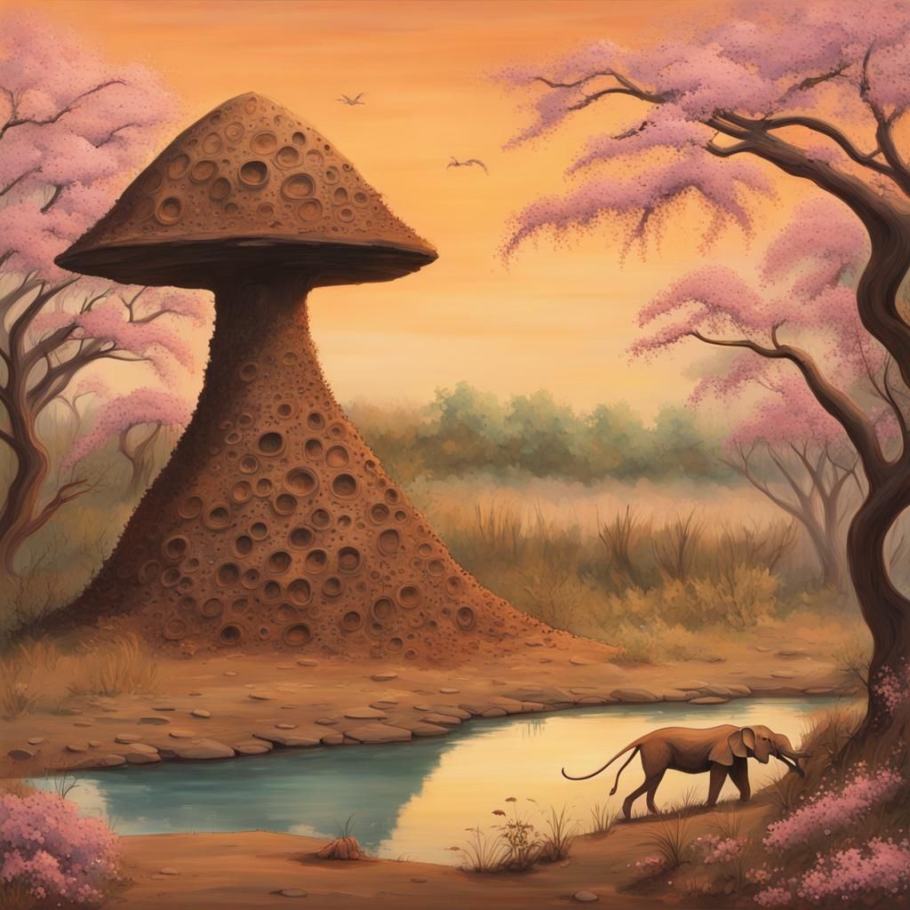 Savannah Elephant and Termite Mound: Detailed Matte Painting