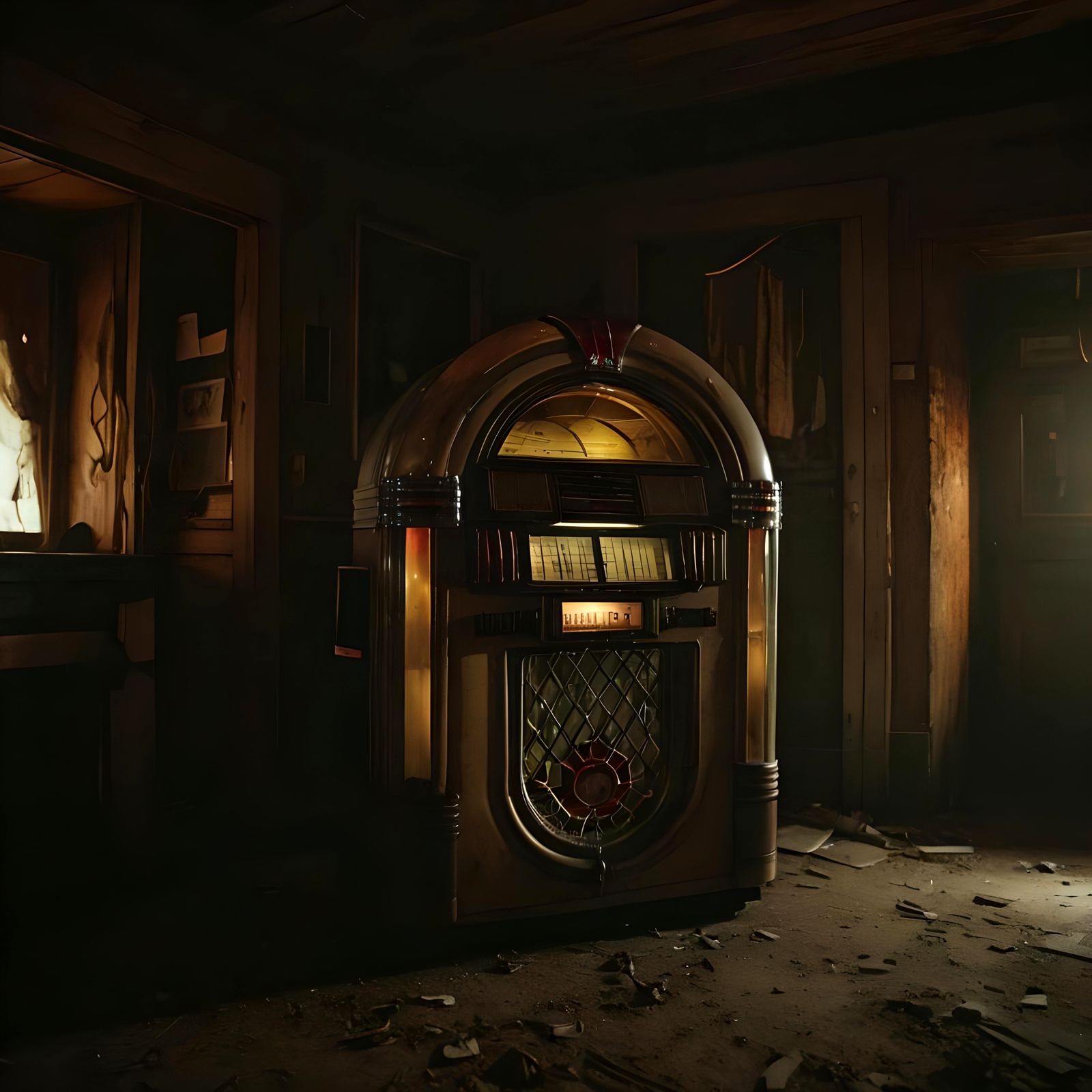 Cursed Jukebox in Abandoned Tavern: Cinematic Film Still