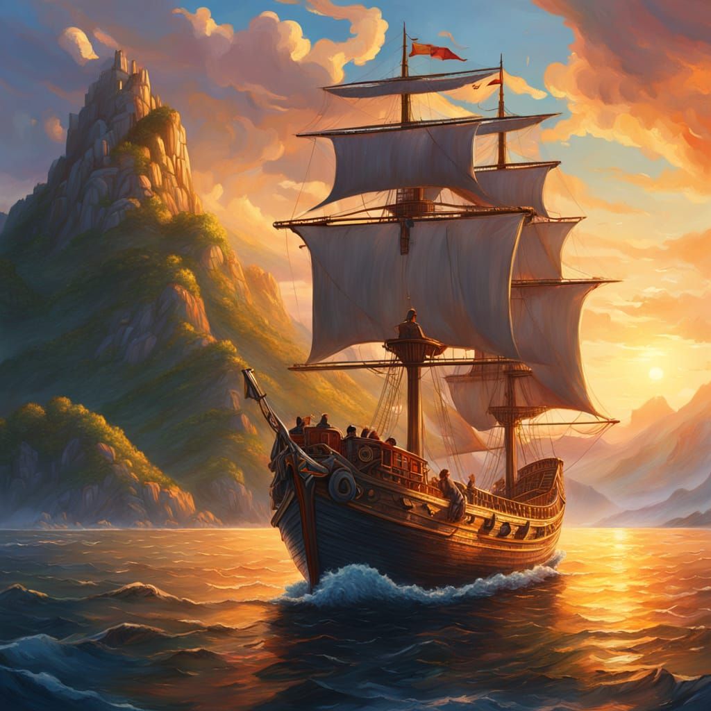 Epic Island Vista from Ship Prow, Oil Painting