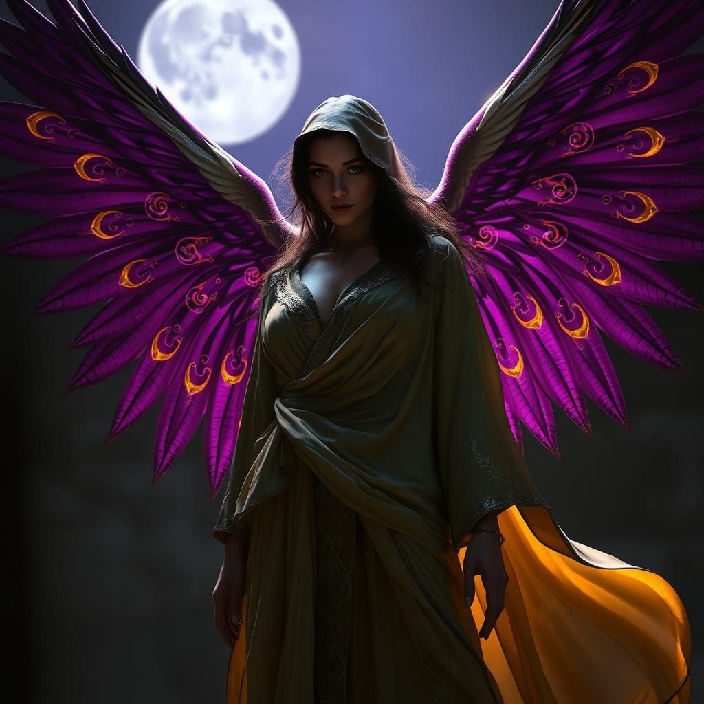 Regal Figure with Majestic Wings in Dark Fantasy Setting