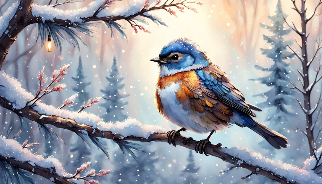 Whimsical Watercolor Bird Perched on Snowy Branch