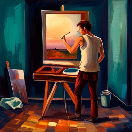 Artist in Messy Room: Expressionist Oil Painting